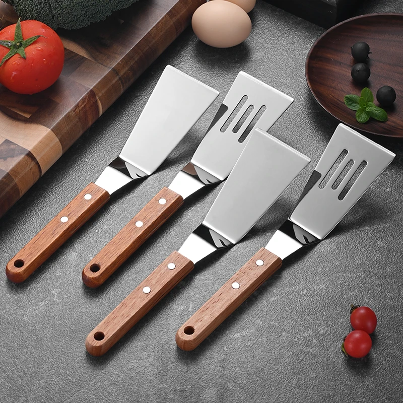 Multifunction Small Frying Spatula Steak Spatula Cooking Shovel Cutter Shovels Fish Eggs Pancakes Pork Steak  with wooden handle