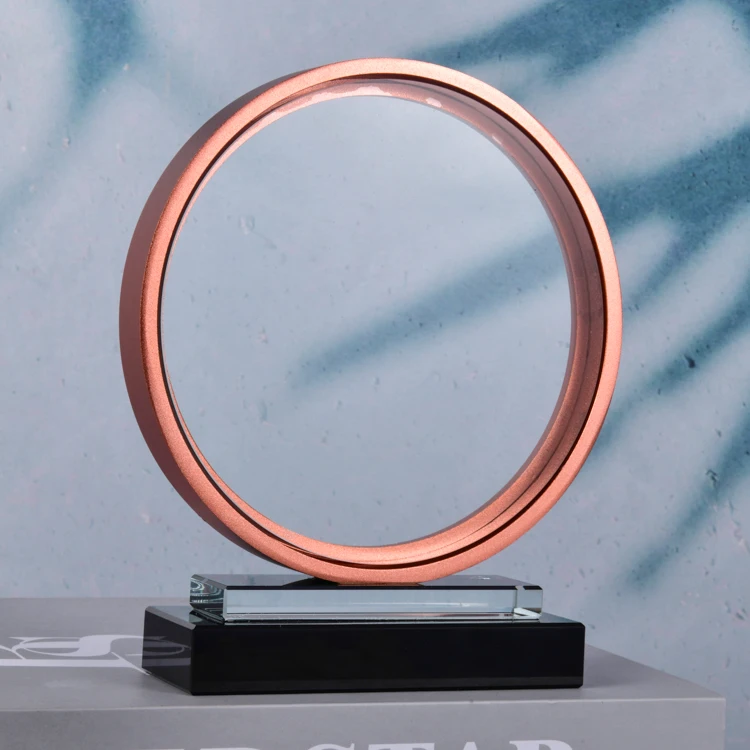 good sale unique design factory price transparent glass trophy round crystal trophy orange metal frame transparent trophy