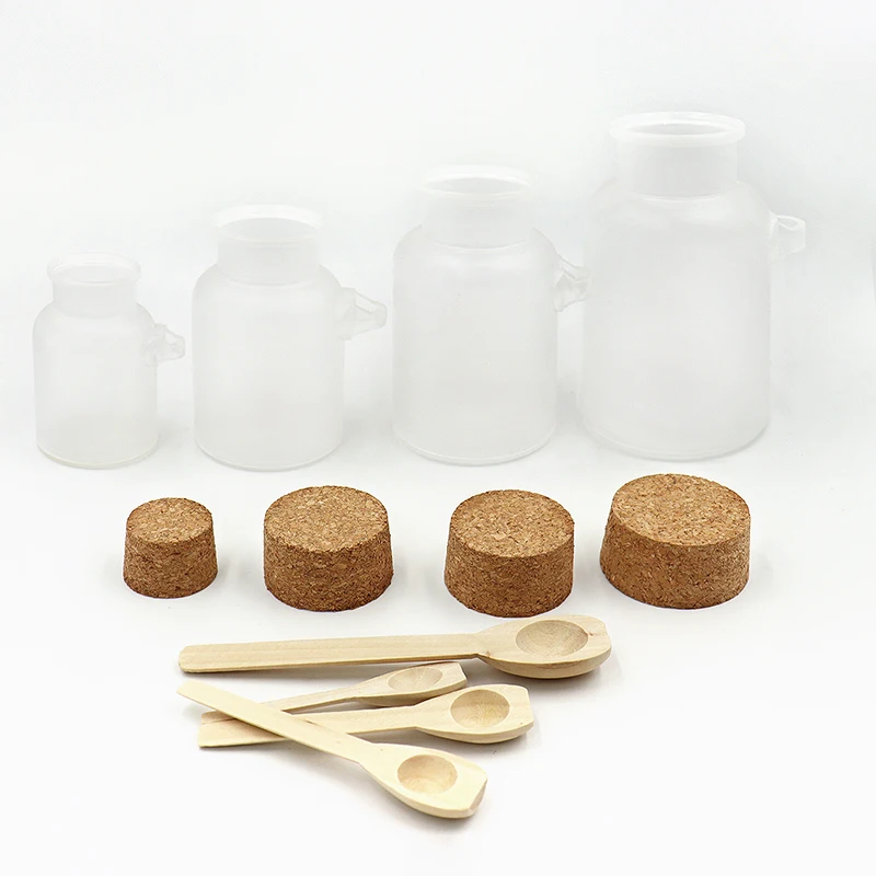 100ml 200ml 300ml 500ml frosted plastic bottle ABS bath salt jar with cork lid Small spoon clear wide mouth bottles big capacity