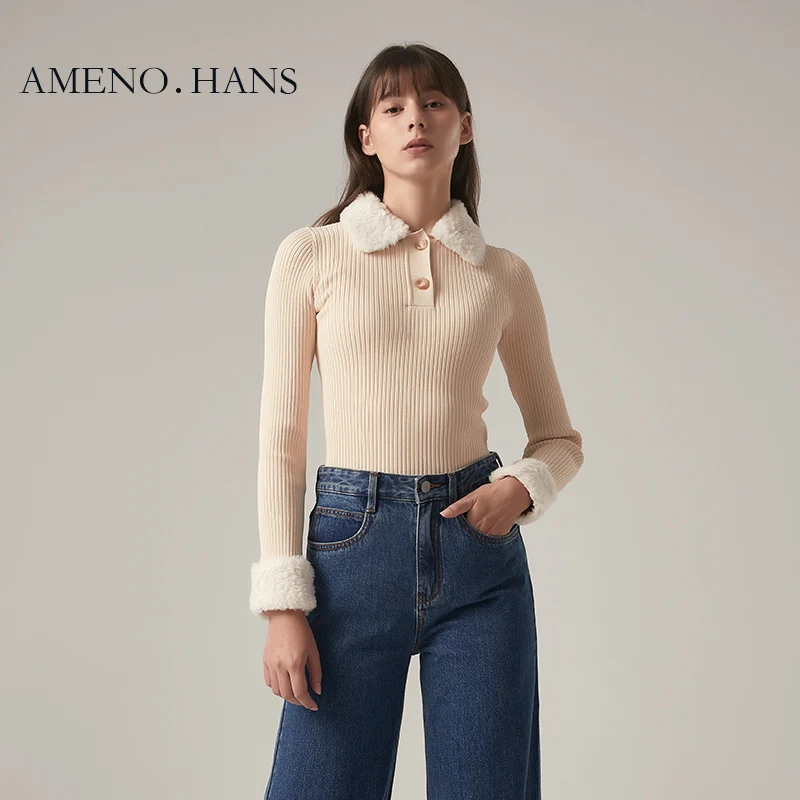 2022 new style fur collar pullover knitted models wool sweaters slim sweaters women