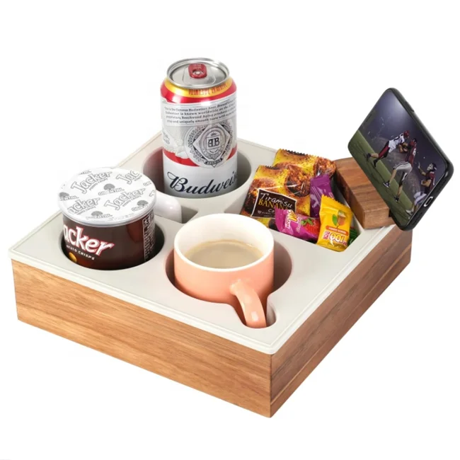 Couch Cup Holder Tray Handy Soft Silicone Acacia Wooden Couch Caddy for Bed Car Seat Beach Organizer
