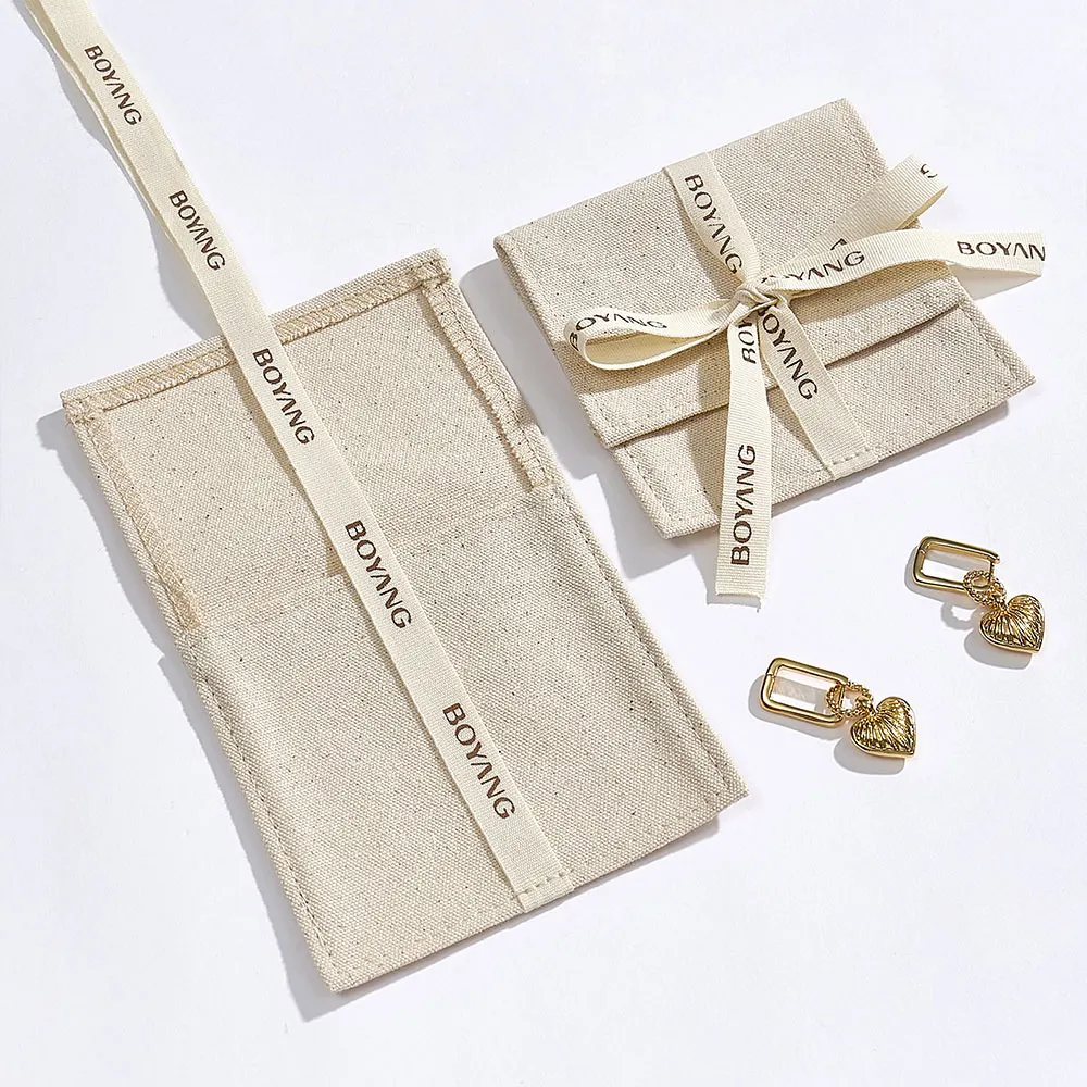 Custom Logo New Design Beige Organic Cotton Jewelry Pouch Bag