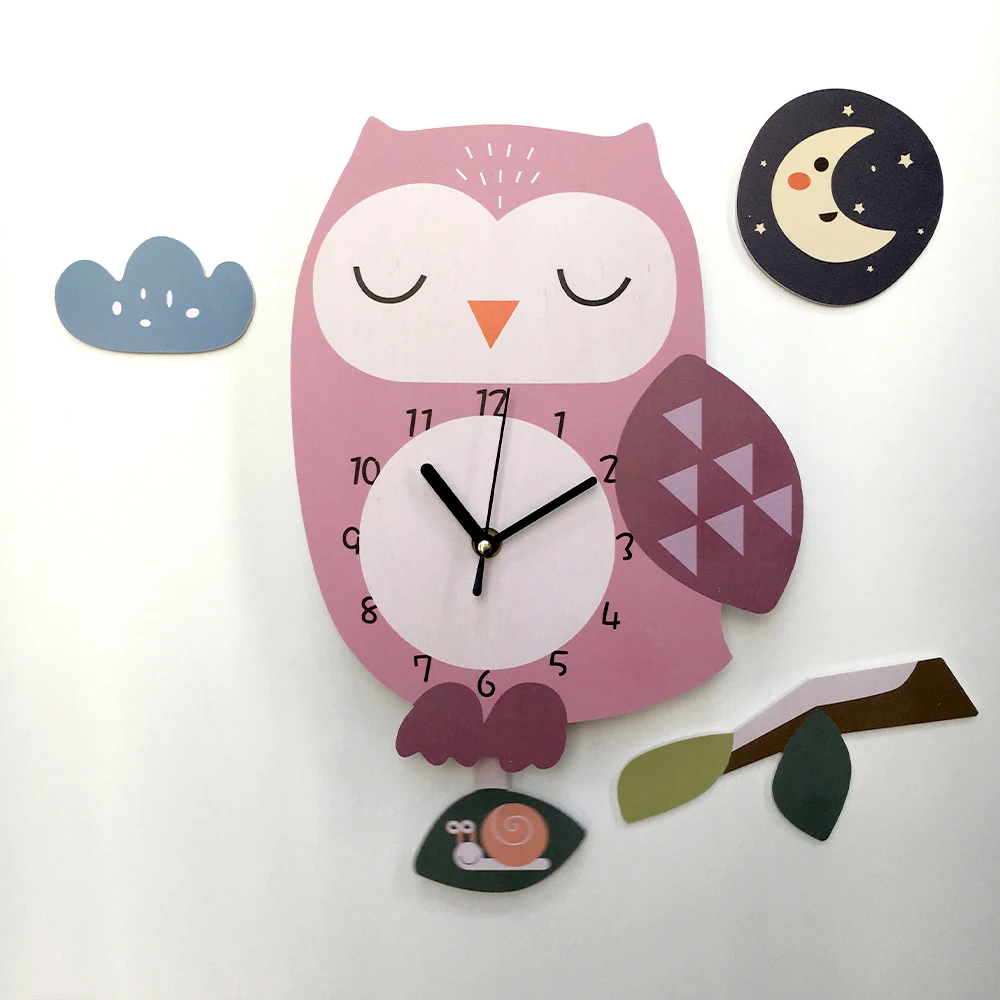 Funlife UWC016 Pink Owl Cartoon Cute Minimalist Wall Art Decoration Kids Room Wall Clock
