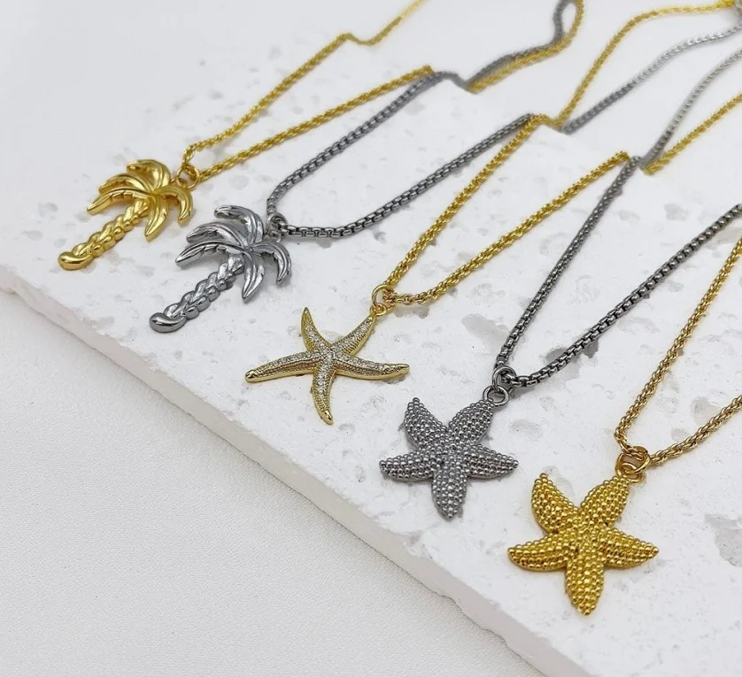 Summer jewelry metal Zircon coconut Tree starfish ocean beach pendant necklaces For women accessories