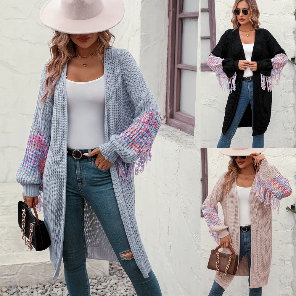 Lantern Sleeve Patchwork Tassel Knitted Sweater Winter Coat Women Sweater Cardigan