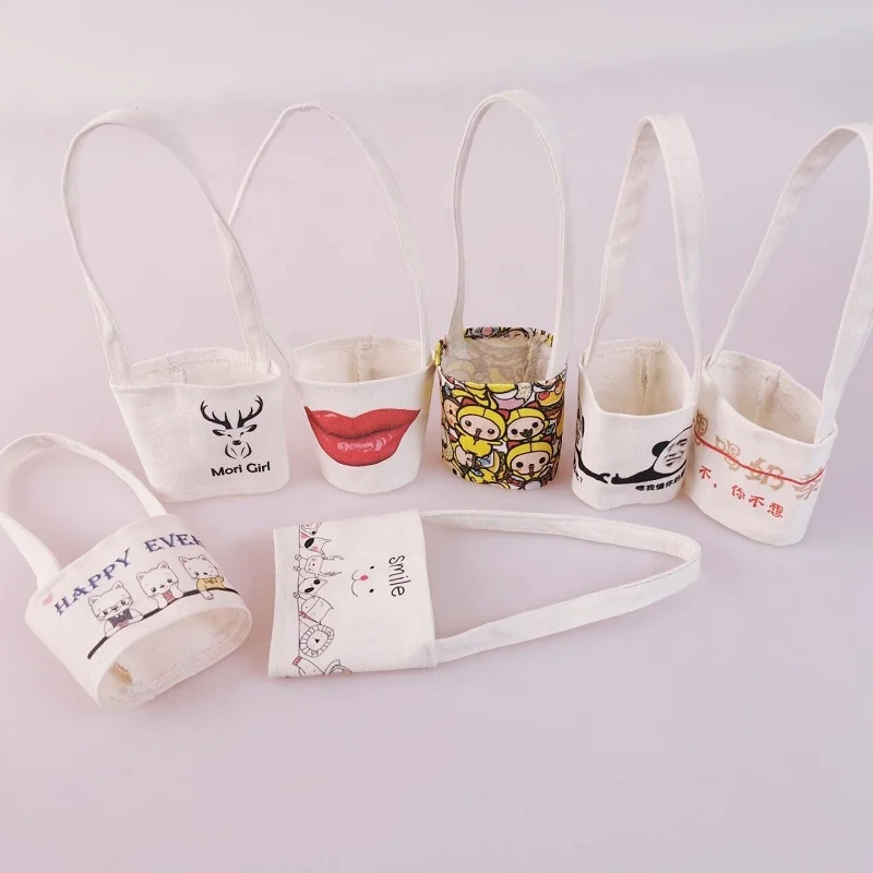 New Design Customized logo printed Reusable canvas coffee cup Sleeves with handle