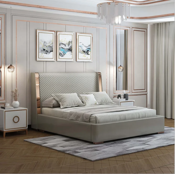 Luxury Home bedroom sets  high back headboard  leather modern queen size bed  double bed design furniture