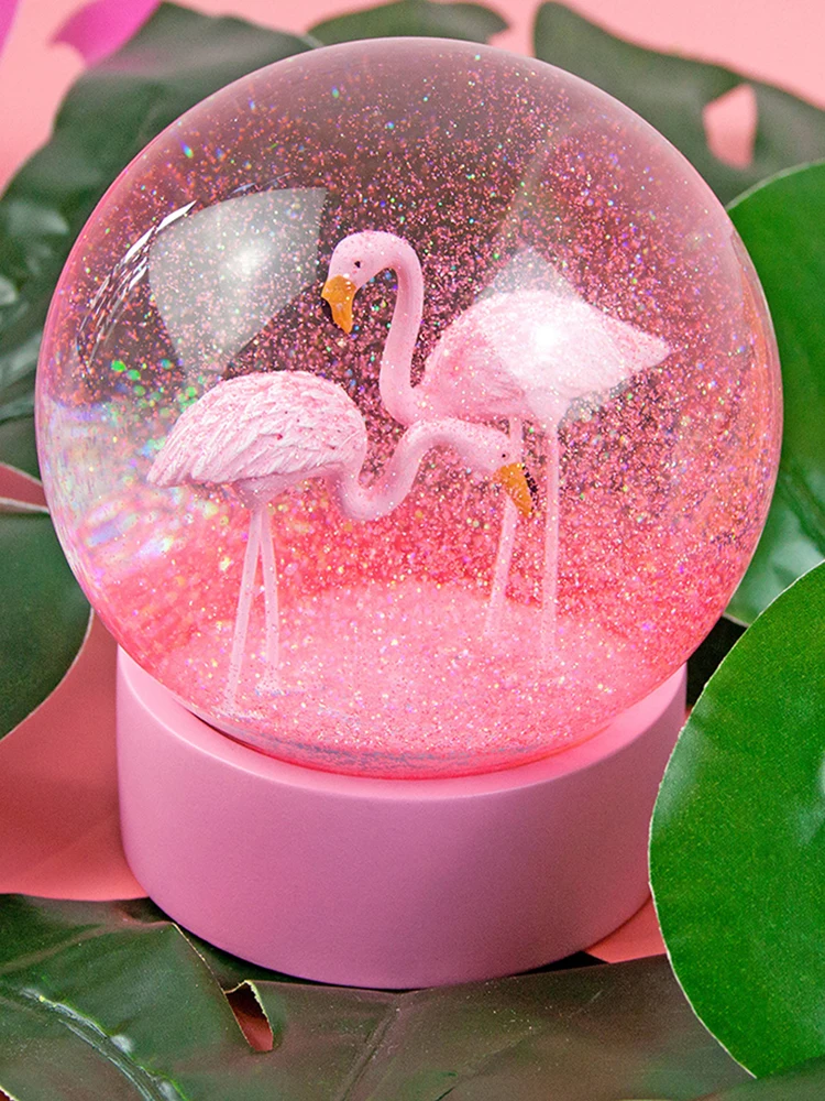 
Flamingos Snow Globes with Pink Base, 100MM Glitter Glass Globe for Home Decoration Girls Kids Gifts Boy Table Decorations 