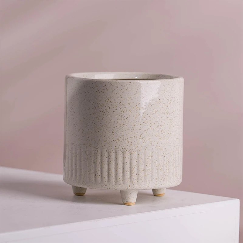 Hot Selling Garden decoration cheap morden ceramic beige slipware round flower pots with feet for sale