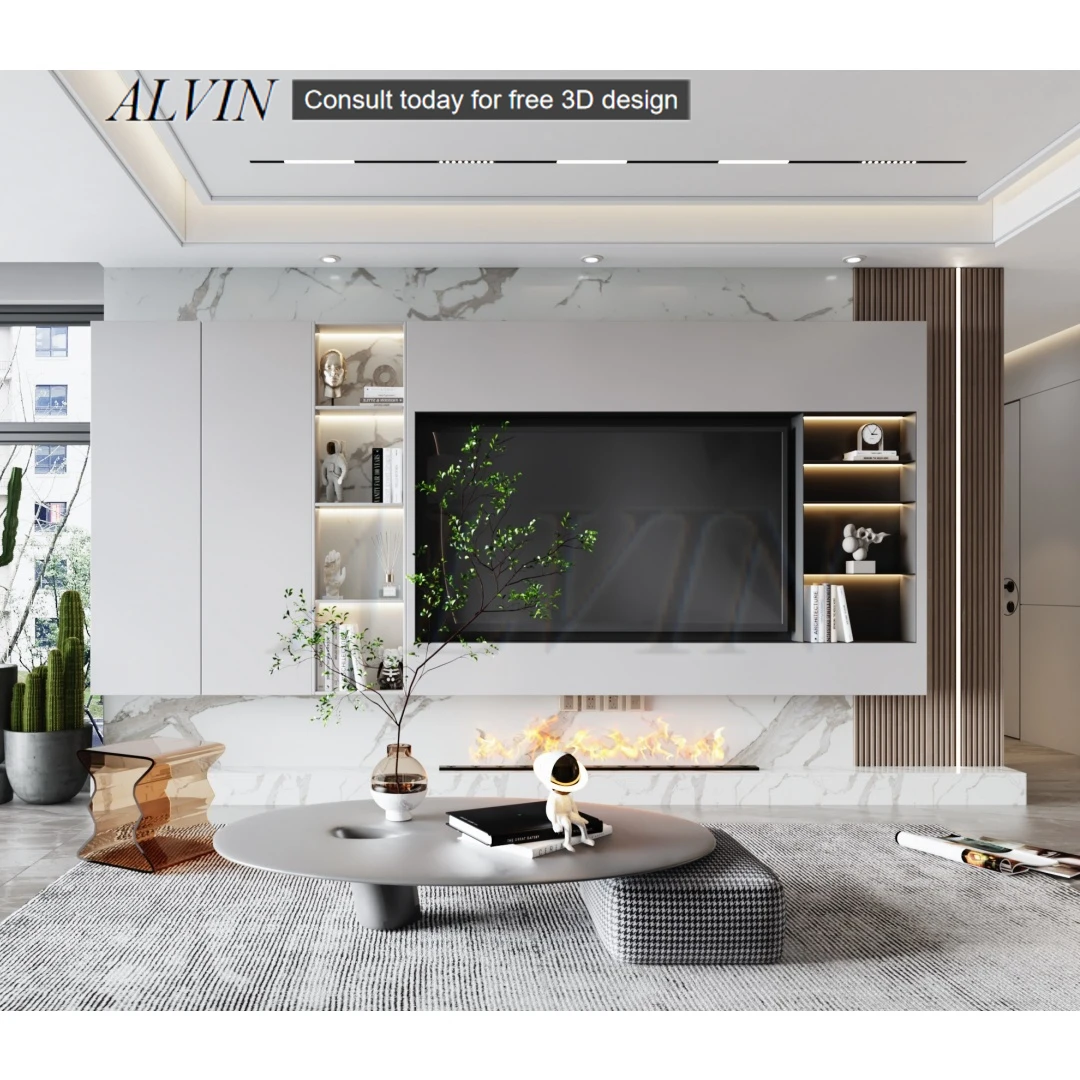 ALVIN Wholesale Living Room Furniture Marble Top Modern Mdf Design Glass Electric Fire Place Wood Tv Stand tv cabinet dimension