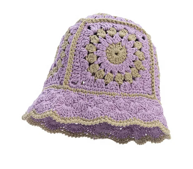 Fashion Fall Winter Wholesale Cotton Acrylic Custom Flowers Design Multi Color Hand Knit Crocheted Bucket Hat
