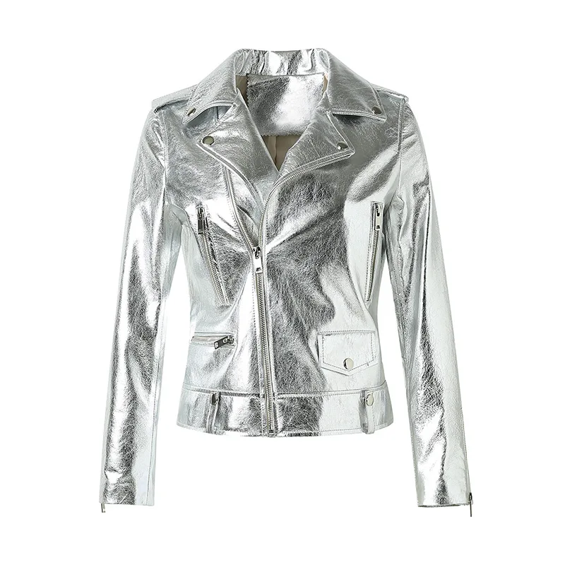 Winter Bright Silver Color Women Leather Coat Real Sheepskin Leather Motorcycle Jacket for Ladies