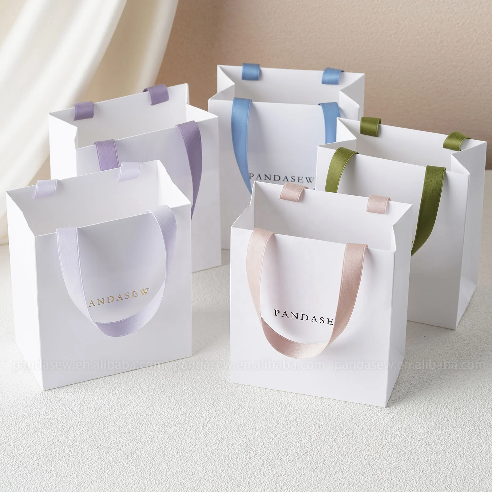 PandaSew Custom Logo Printed Recycled White Gift Paper Bags with Ribbon Rope Kraft Gift Shopping Paper Bag