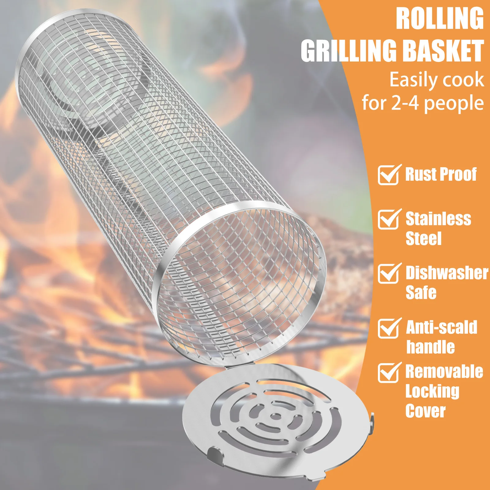 2023 Rolling Grilling Baskets Barbecue Grill Bbq Net Tube Stainless Steel Mesh Grilling Basket Cylinder for Outdoor