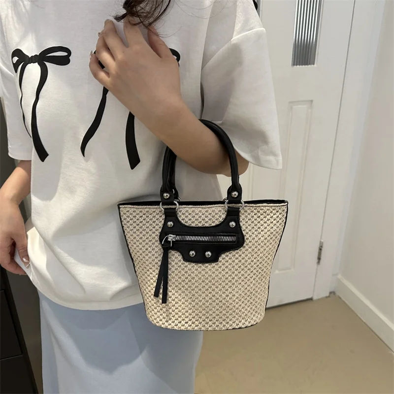 Durable Using Straw Basket Bag Woven Bag Women large capacity classic printing tote bag PU Leather Strap Raffia Handbag