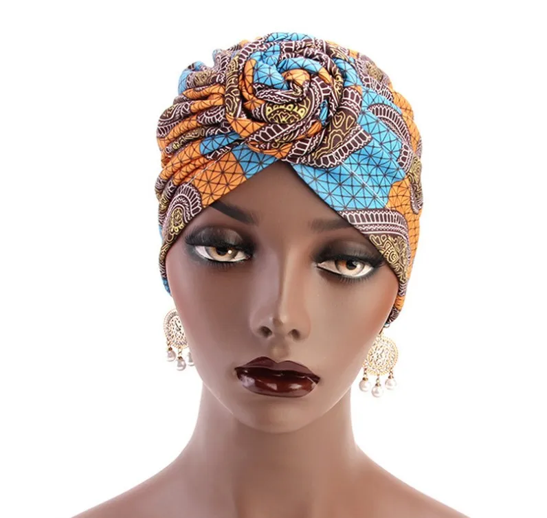 Women Turban African Pattern Headwrap Colorful Printed Pre-Tied Flower Knot Bonnet Hat for Women Girls