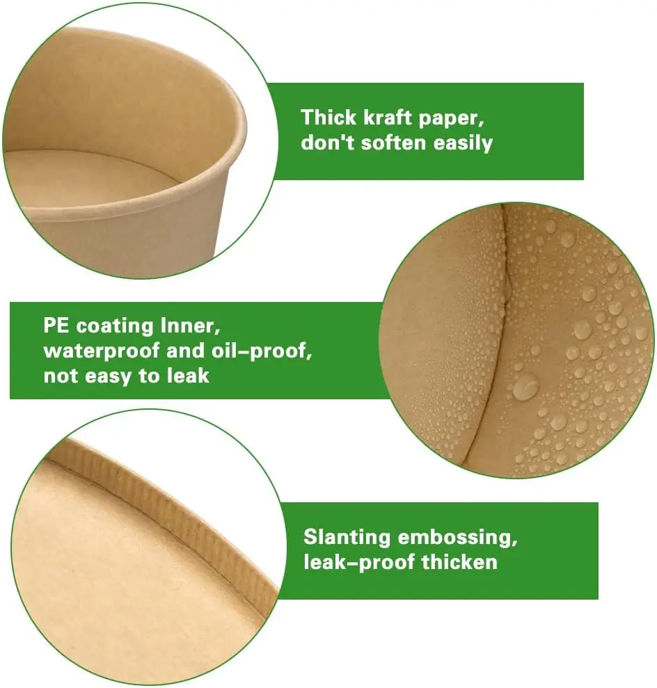 Take Away Paper Container Salad Bowls Disposable Kraft Paper Round Salad Bowl with PET Lids 750ml Craft Paper Food Snack Cup