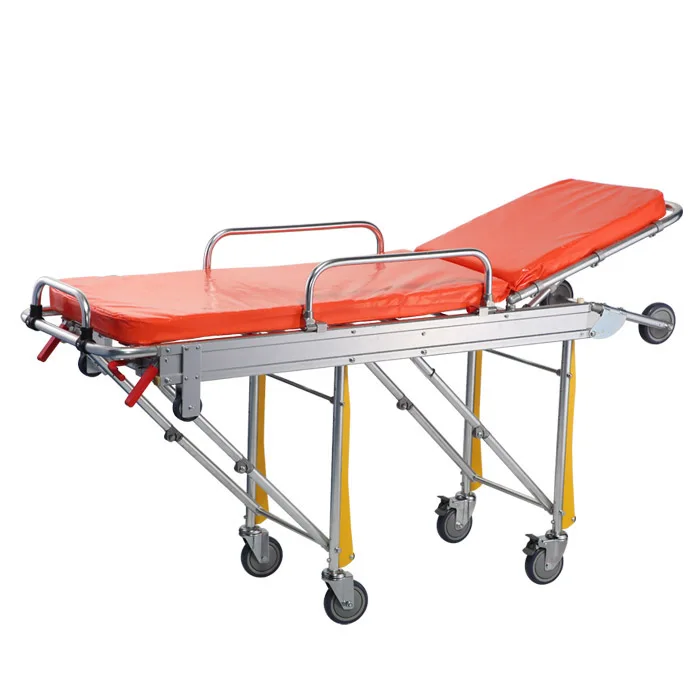 Ambulance Portable Folding Stretcher Mortuary Trolley Abs Bed Head Two Crank Manual Hospital Bed Black Metal CE Used Ambulance