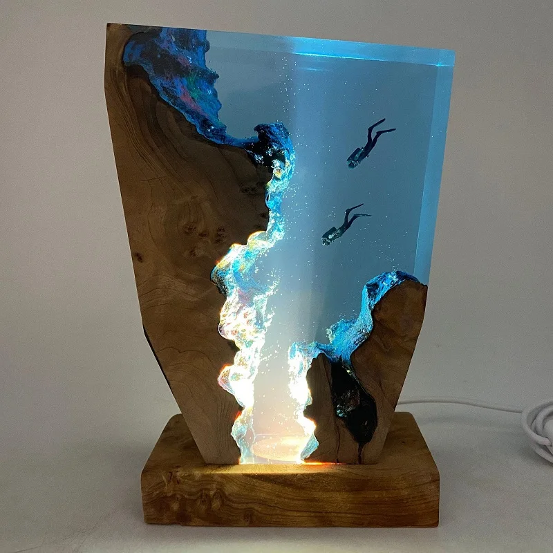Novelty 2025 Creative Design Epoxy Resin Wood Lamp LED Gift Night Light Blue Diver and Whale Home Decoration Table Lamp