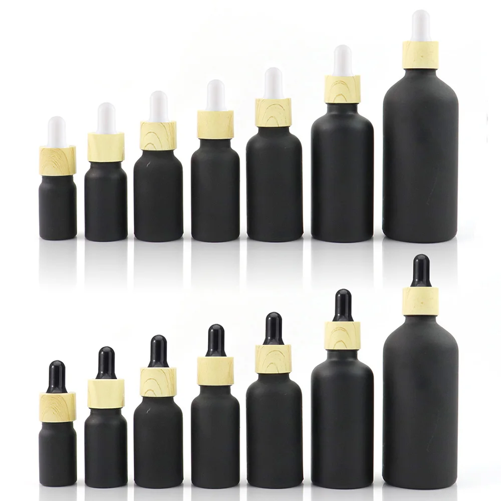 Wholesale 5mL 10mL 15mL 20mL 30mL 50mL 100mL Matte Frosted Black Dropper Bottles With Bamboo Cap Calibrated Glass Pipette