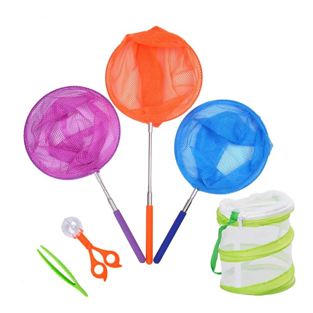 Kids Bug Insect Catching Net,pop up Insect mesh cage, Butterfly Tweezers Telescopic Butterfly Nets Set