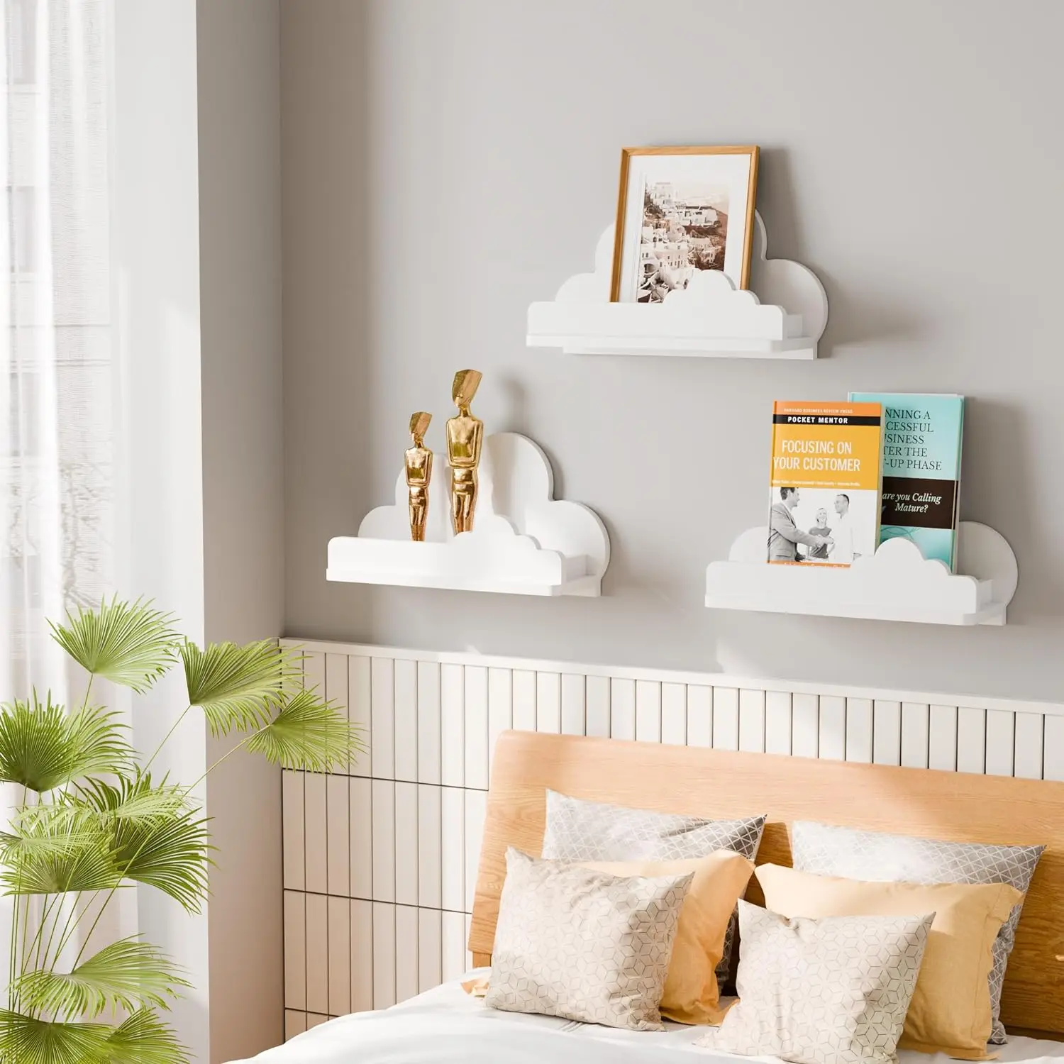 202407 Decorative Wooden White Cloud Bookshelf Wooden Floating Shelf Small Figure Wall Mounted Shelf