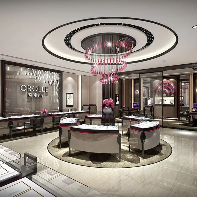 Latest Jewelry Shop Interior Design Display Cabinet Custom Glass Gold Metal Jewelry Mirror Cabinet Jewellery Showcase Display