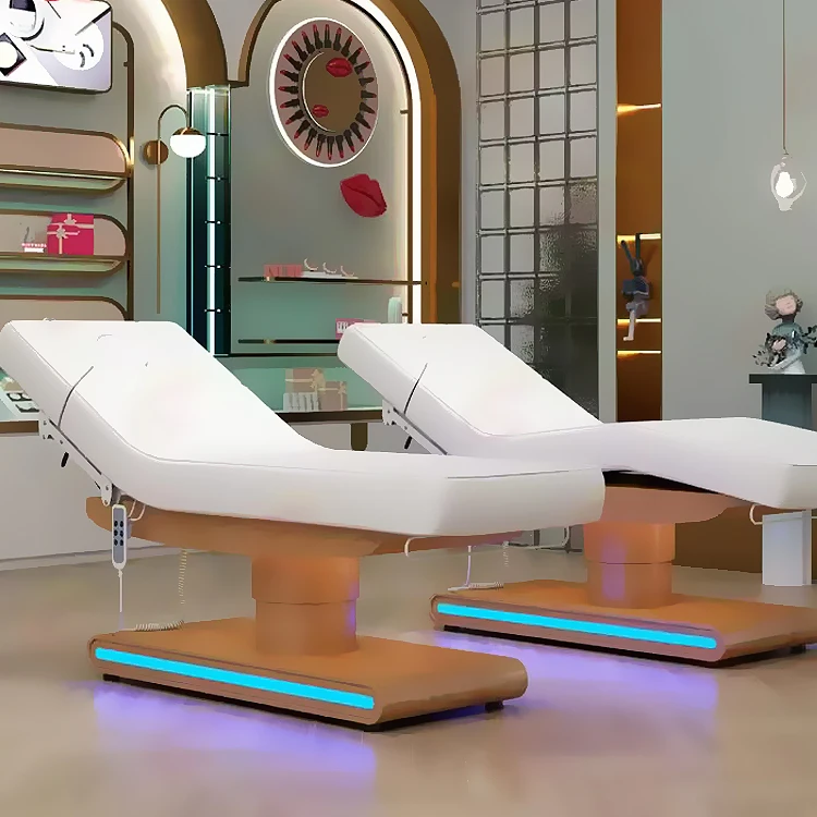 Modern thai style solid wood base lash cosmetic bed 3 motors adjustable electric wooden massage bed with led lighting