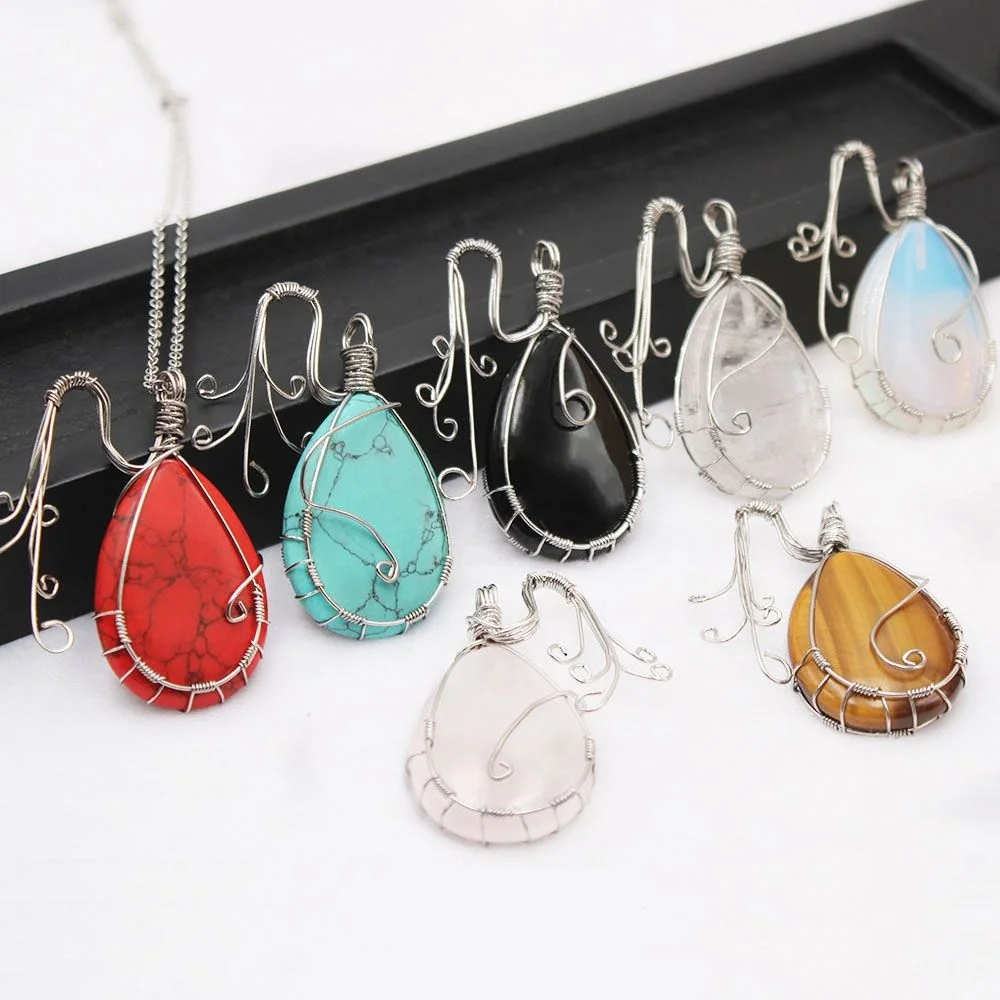 New Metal Wire Wrapped Gemstone Tree of Life Pendant Natural Drop-shaped Necklace pendant