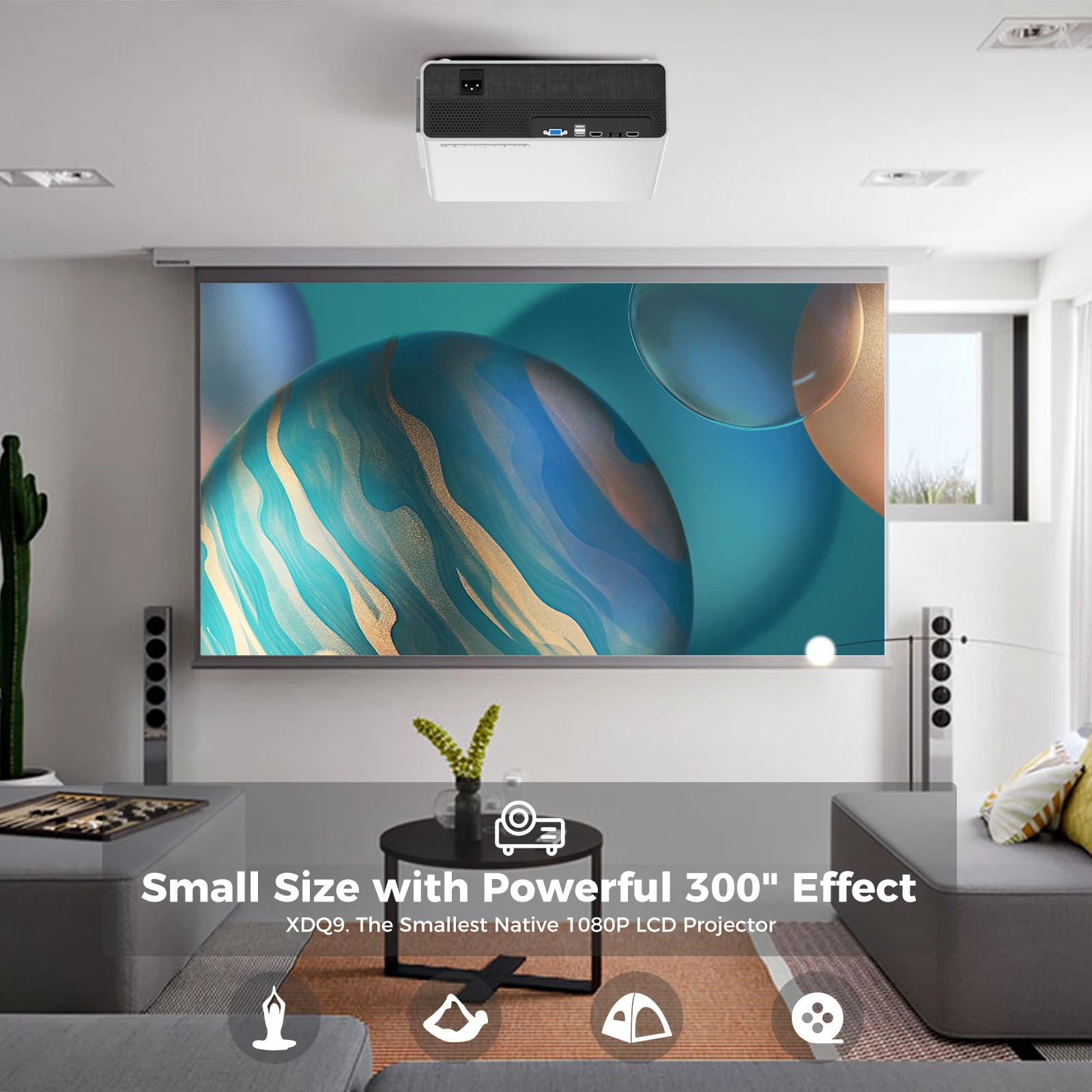 Проектор уличный XIDU 3D 4K Wi-Fi, 4 ЖК-дисплея, 1080p, 300 дюйма