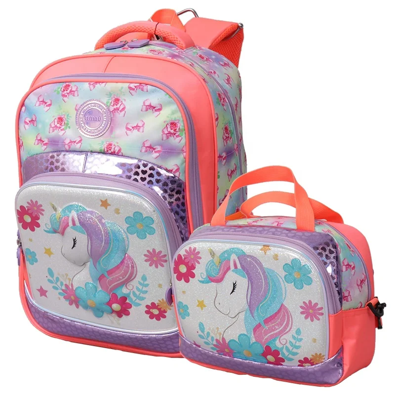 2020 Custom 3d Cartoon Unicorn Cute Girls and Boys Student Children Backpacks Sets Bagpack School Bag Kids with Lunch Bags