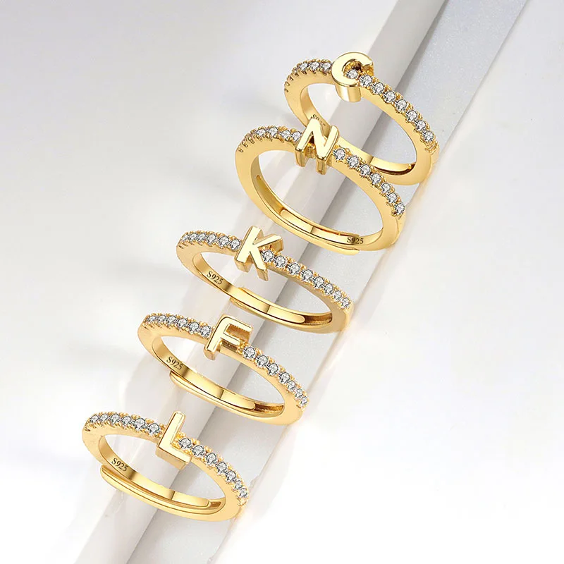 Europe and the America S925 sterling silver new micro-inset letter ring 26 English letter zircon ring opening OD adjustable