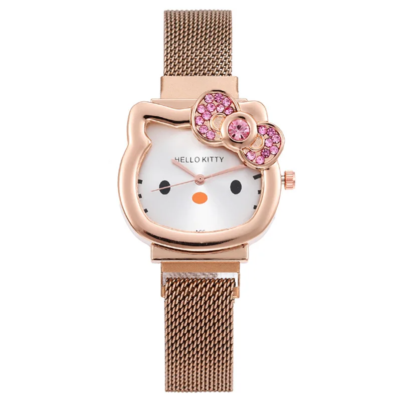 Silver Gold Kids Net Strap Watch Student Cartoon KT Cat Girl Quartz Watch Magnet Watch
