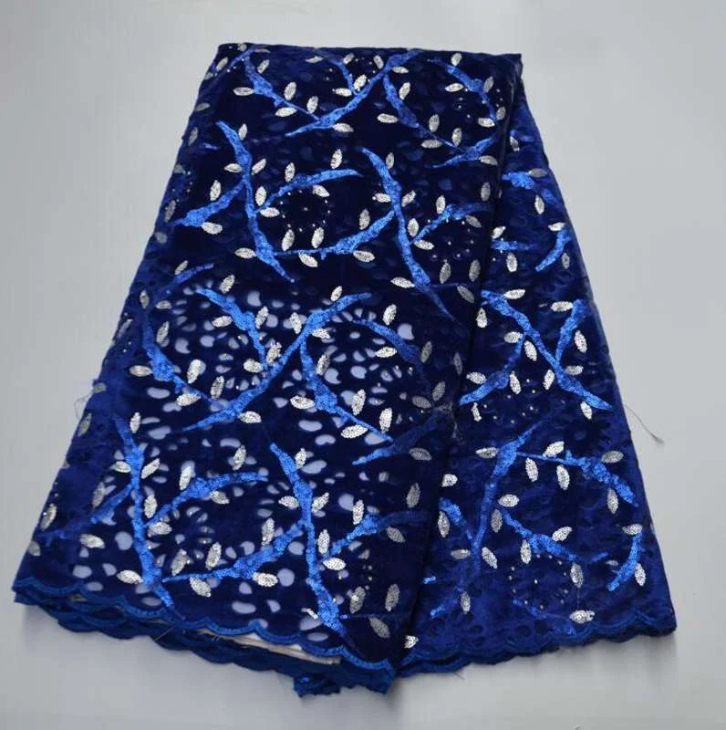 AG6798  african embroidery blue flower wedding net velvet sequin lace fabric with velvet and sequences