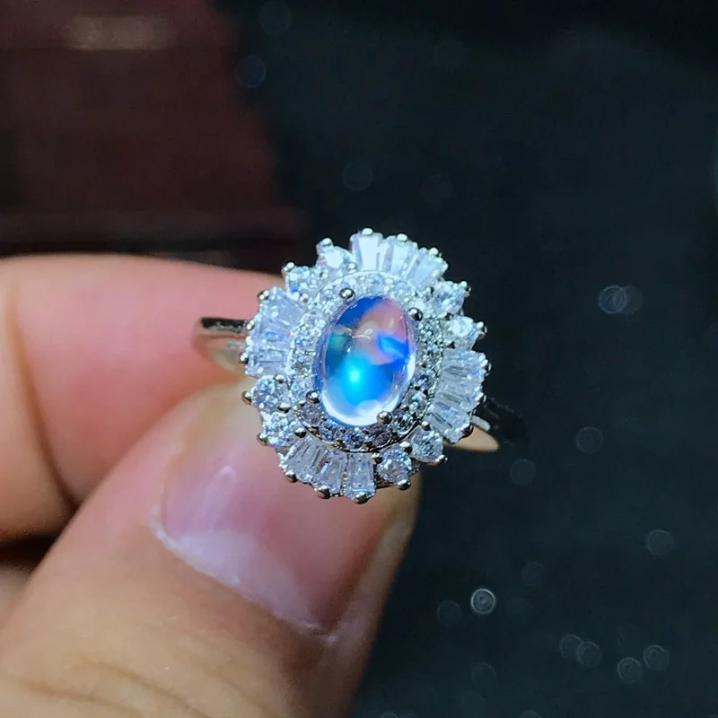 Wholesale 925 Sterling Silver Luxury Natural Blue Rainbow Moonstone Ring Jewelry for Women