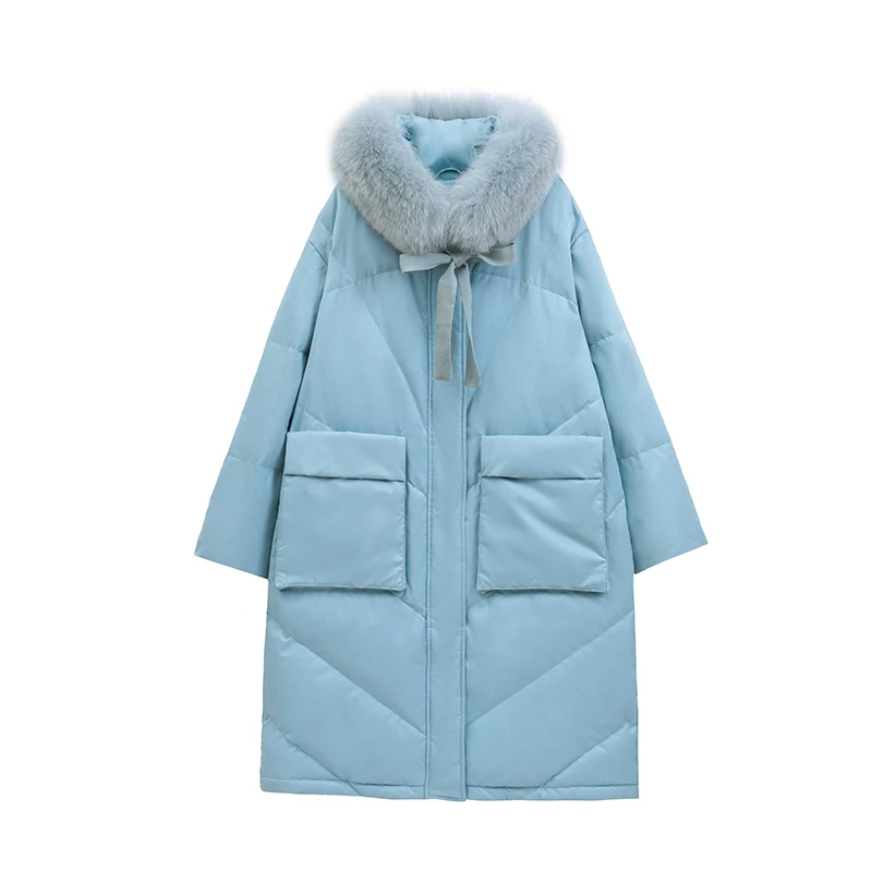 High Quality Winter New Big Fur Collar Mid-Length Red And Blue Thick Coat  Down Jackets