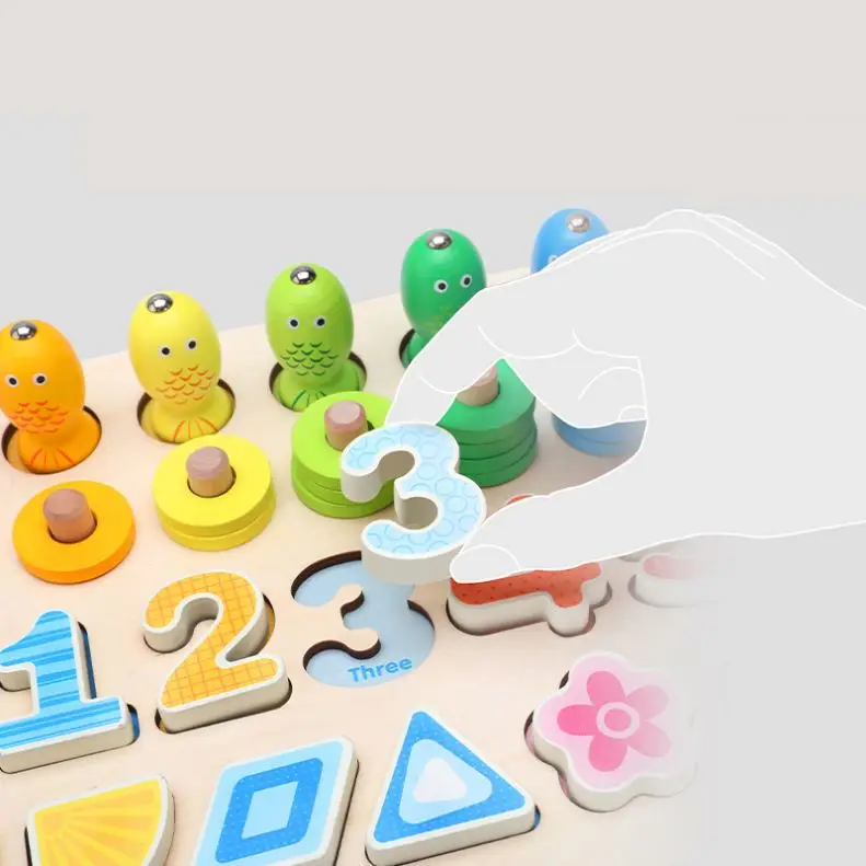 Wholesale Colorful Montessori Five-In-One Wooden Fishing Digital Shape Matching Toys New Design Kids Early Educational Toys