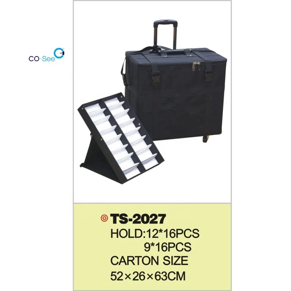 Oxford black fabric 192 slots optical trays and 144 slots sunglasses display PR mobile wheel glasses luggage suitcase