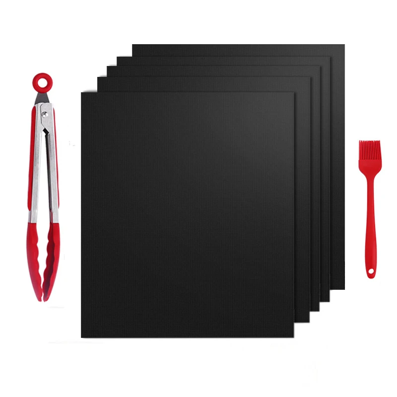 BBQ Accessories Reusable Non-stick PTFE Oven Liner 0.4mm thick barbecue mat Oil brush clip tong BBQ grill mat set