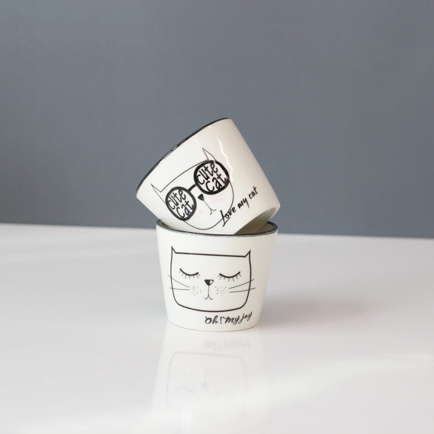  250ml wholesale white small cute ceramic mug without handle animal cat coffee cups with wooden plate for home