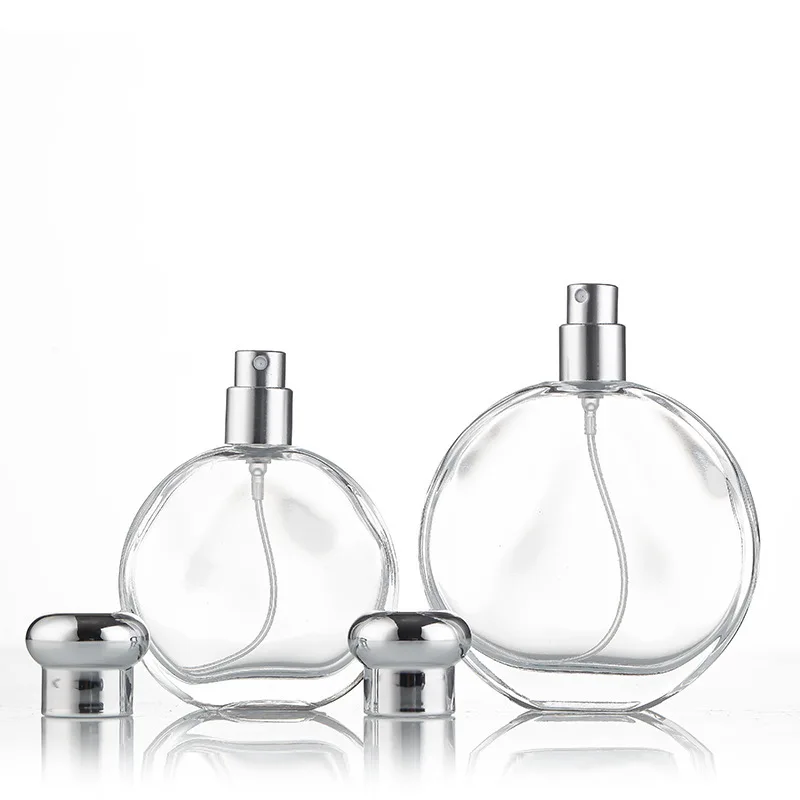 Transparent Flat Round Perfume Bottle 50ml 100ml Crimp Fragrance Glass Bottle with Atomizer