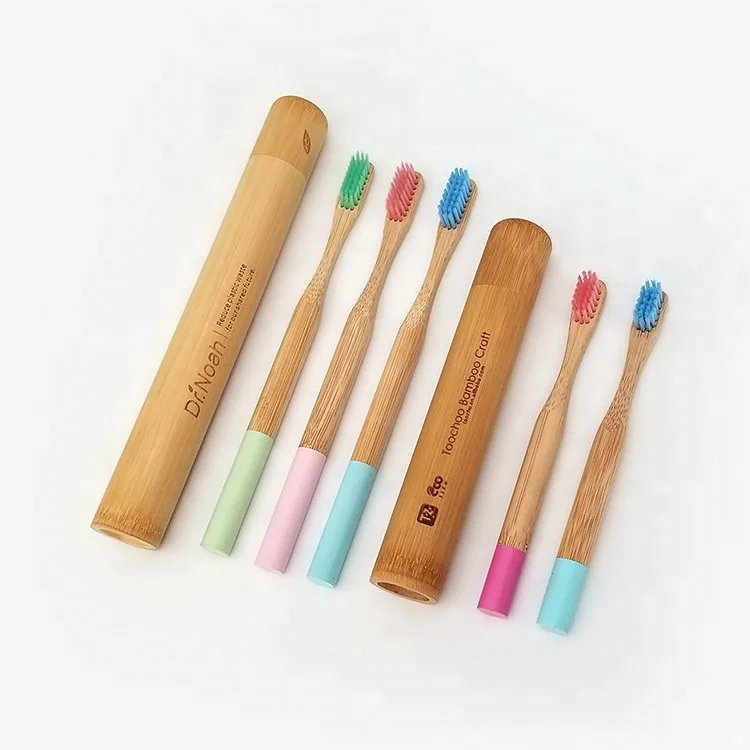 Custom Logo Personal Label Children and Adult Round Bamboo Toothbrush with Bamboo Tube Case