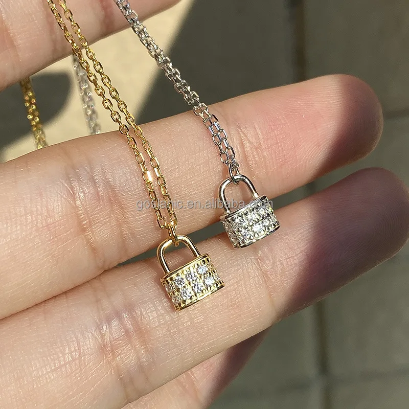Trendy 925 Silver Diamond Minimalist Cz Designer Lock Charm Pendant Gold Filed Necklace Chain