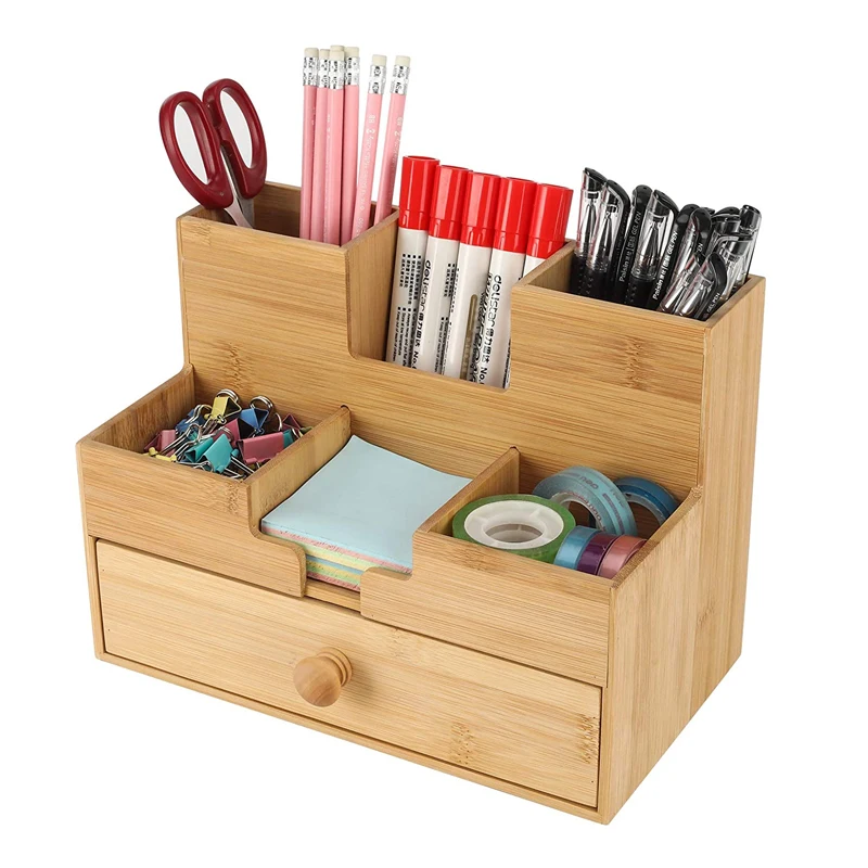 Bamboo Desktop Pencil Holder with Drawer 6 Slots Workspace Supplies Organizer, Original