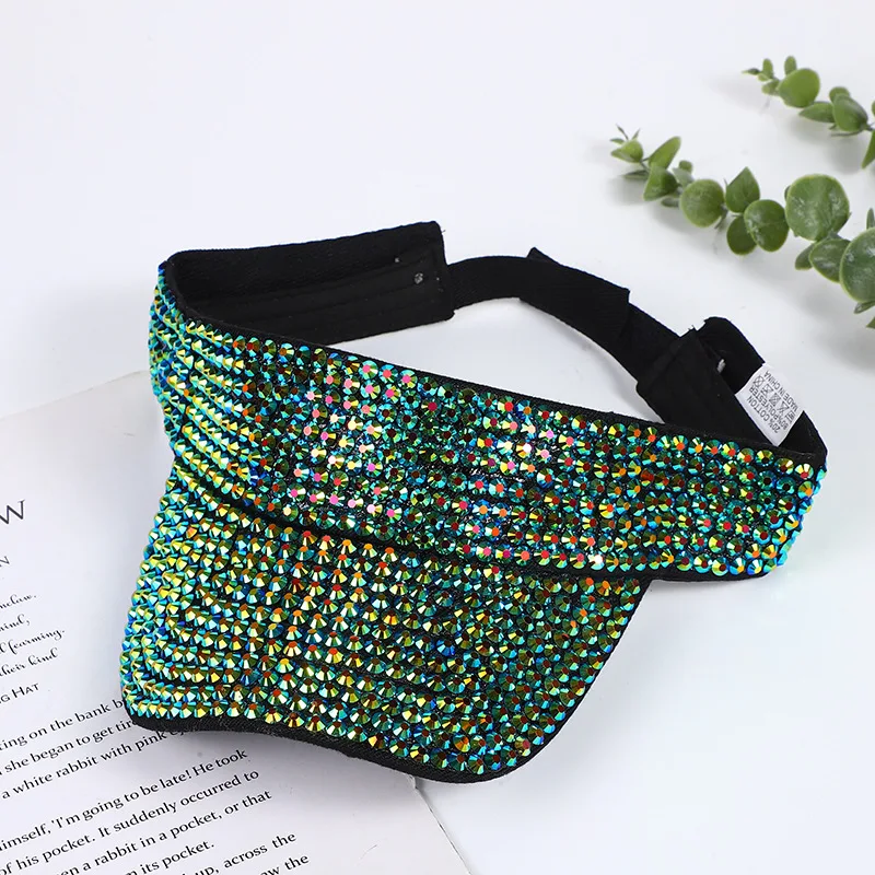 Hot Sale Trendy Bling Sparkle Shiny Glitter Diamond Rhinestones Summer Outdoor Beach Adjustable Colorful Unisex Sun Visor Caps