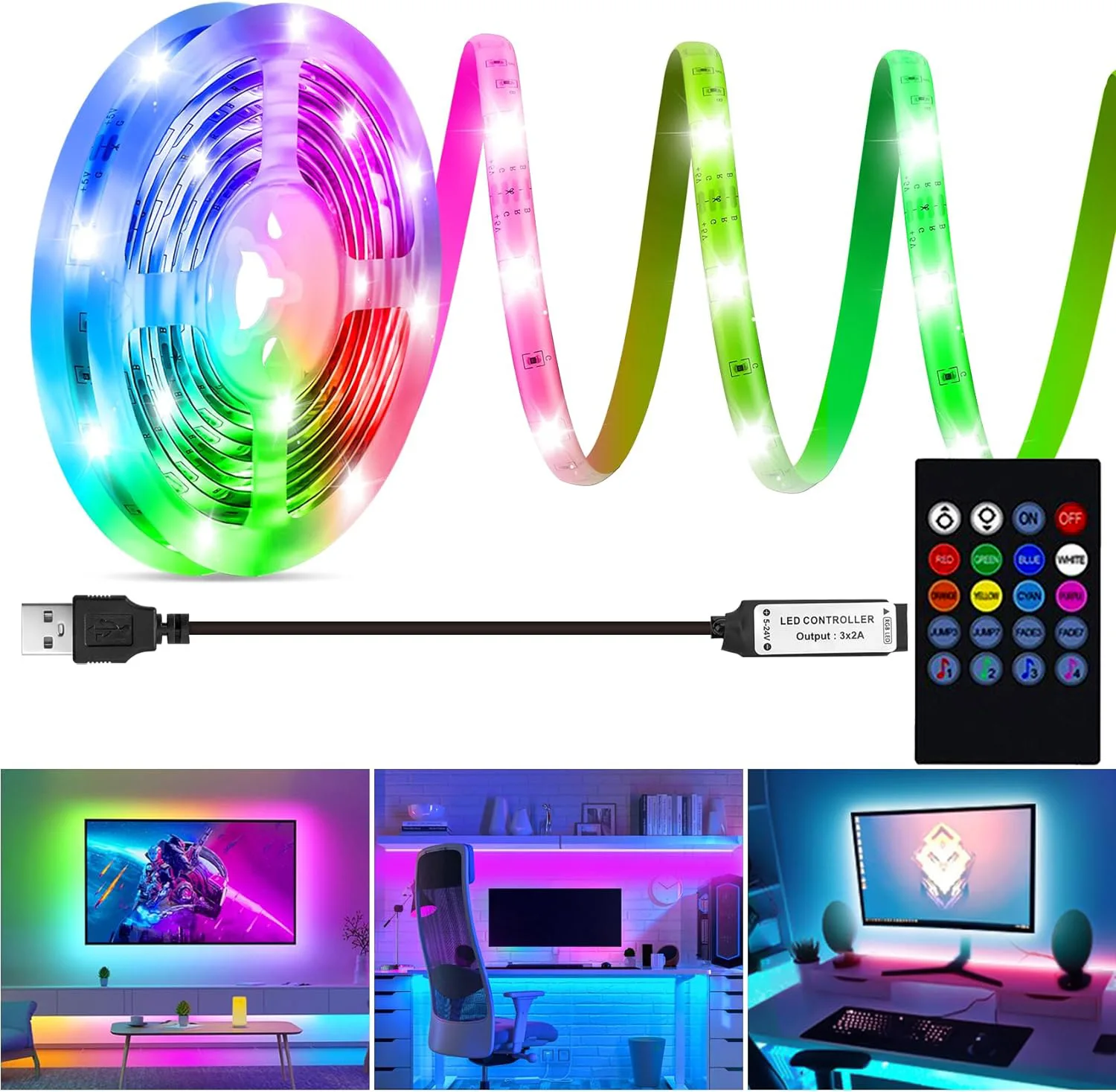China Waterproof IP67 RGB LED Strip Kit 5050 PVC Body LED Strip with USB Connectivity and Remote Control Switch