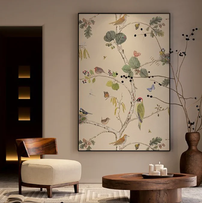 Modern Nordic Luxury 1pcs Handmade Golden Oil Canvas Crystal Porcelain Leaf Wood Glass Aluminum Framed Painting Living Hanging