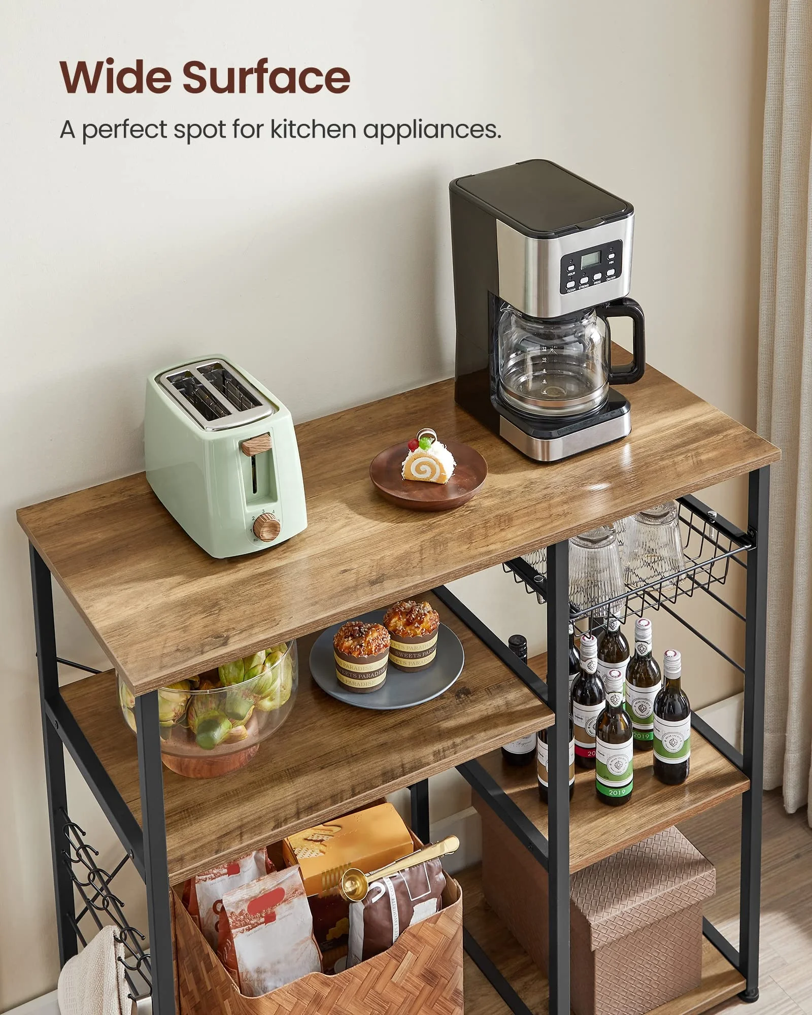 Multi Layer Metal Frame Stackable Kitchen Microwave Oven Organizer Bakers Rack Storage Shelf With Basket And Hooks