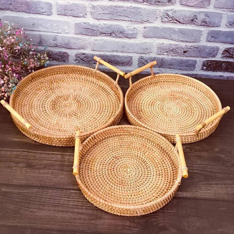 Decor Storage Food Storage Holders & Racks Rattan Tray Wooden Handle Real Bamboo Handmade Natural Round Food Container 5-7 Days