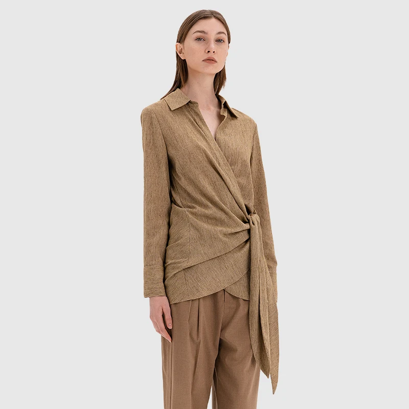 Wholesale customized lapel collar front waist twist tie loose blouses long sleeve linen shirts for women
